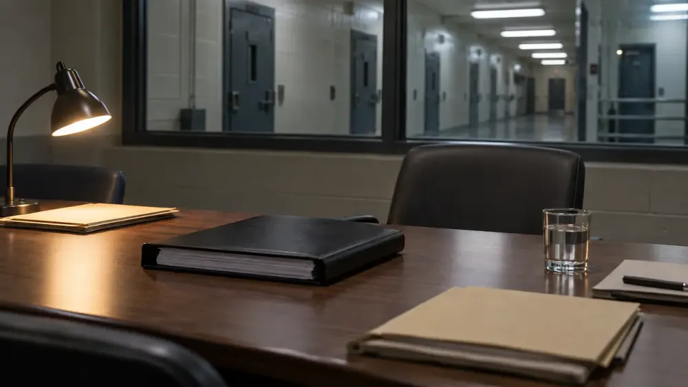 An empty institutional review room with a closed binder on a table and a secure corridor beyond the window