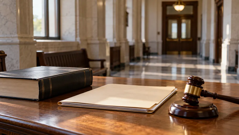 Unlabeled law book, case file and gavel on a courthouse desk, illustrating a federal ruling on Tennessee law.