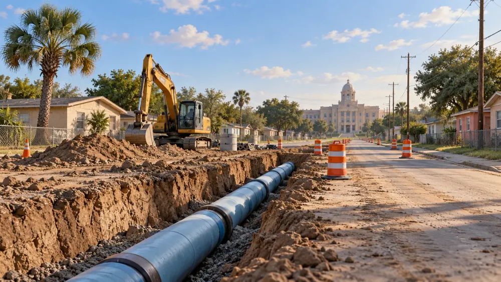 Conceptual illustration of sewer-line construction in a South Texas neighborhood.