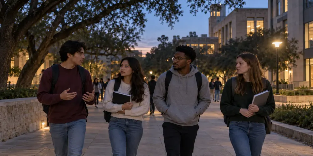 Mga estudyanteng naglalakad nang magkakasama sa kampus ng isang pampublikong unibersidad sa Texas sa dapit-hapon