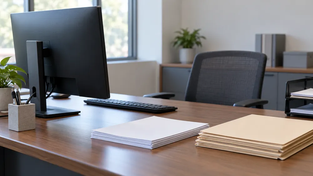 AI-generated editorial illustration of a generic election-administration workspace with a computer and blank paperwork; not an actual Texas office or documented incident.