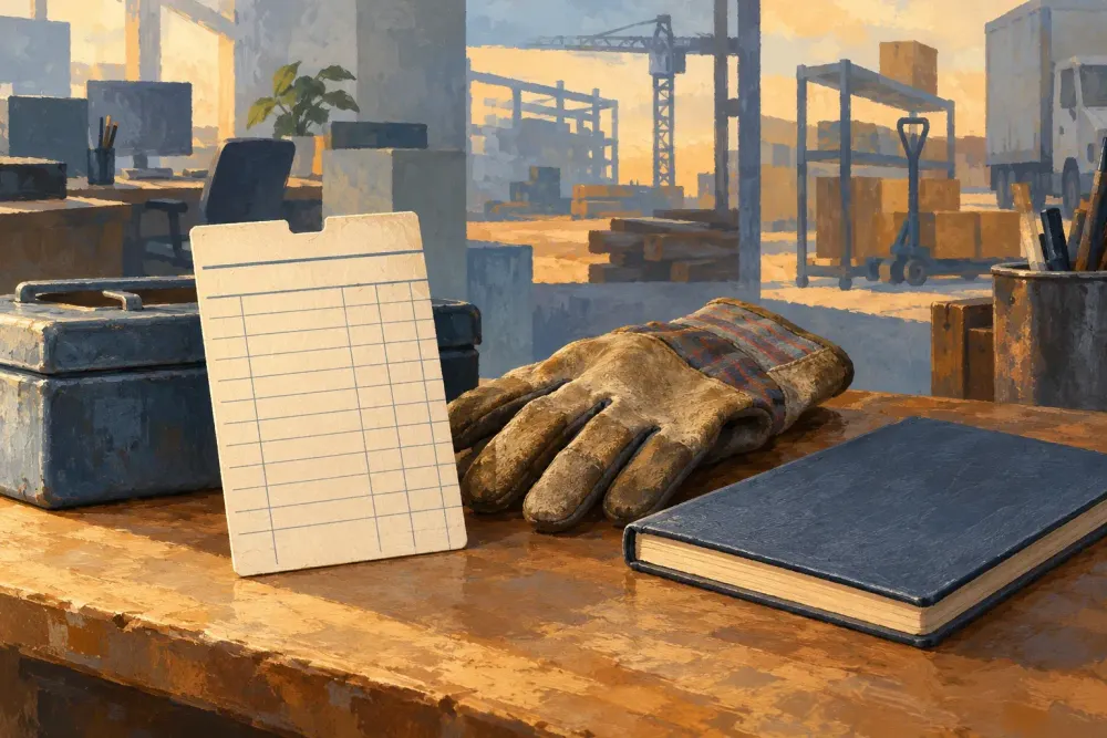 AI-generated conceptual illustration of a blank time card, work glove and notebook; not an actual Texas workplace, payroll record or data chart.