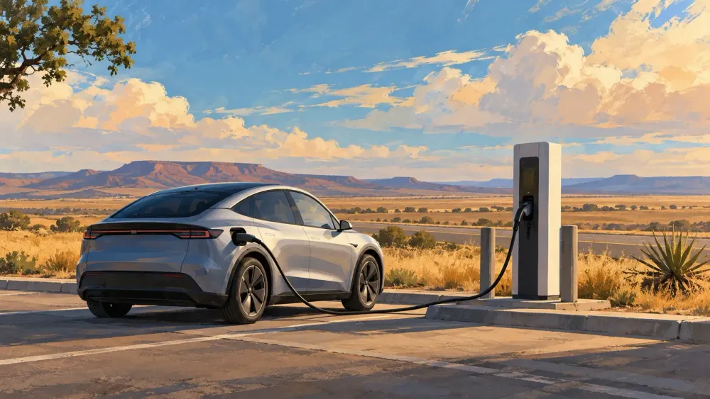 AI-generated illustration of an electric vehicle charging beside a Texas highway; not a specific TxDOT-funded station.