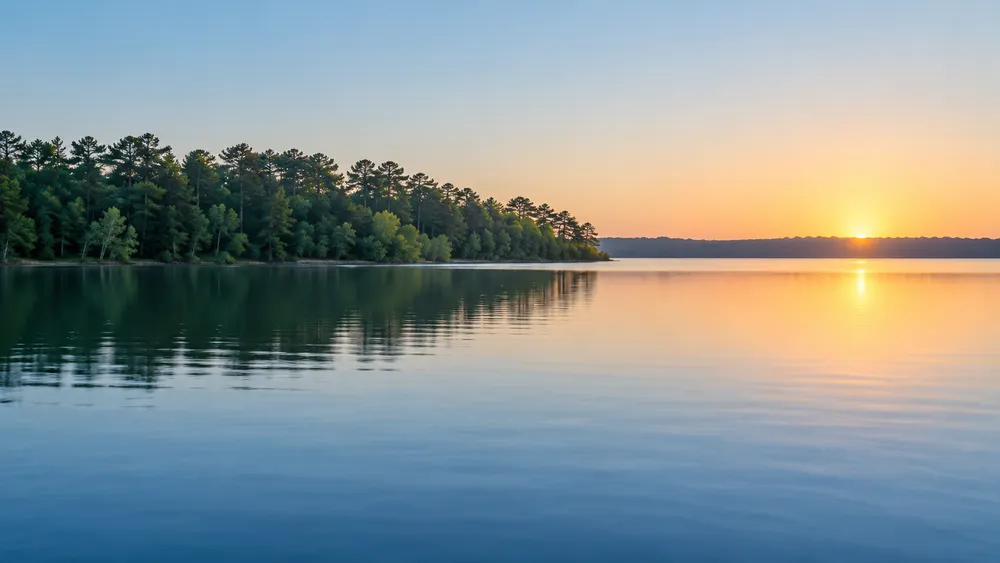 Quiet Lake Palestine shoreline with East Texas pine woods and pecan trees, representing land secured for a future state park.