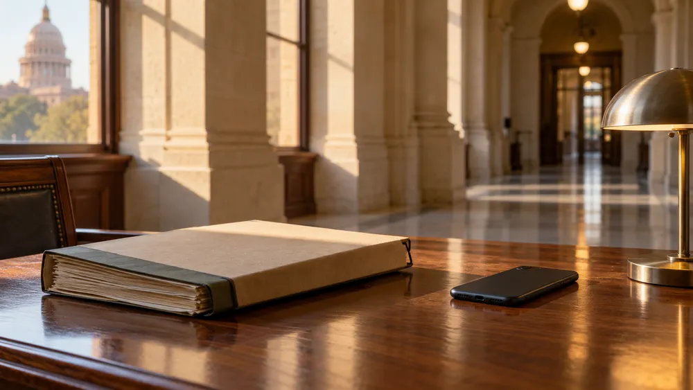 AI-generated editorial illustration of a records folder and unbranded phone in a Texas government office setting; not a photograph of the lawsuit or its participants.