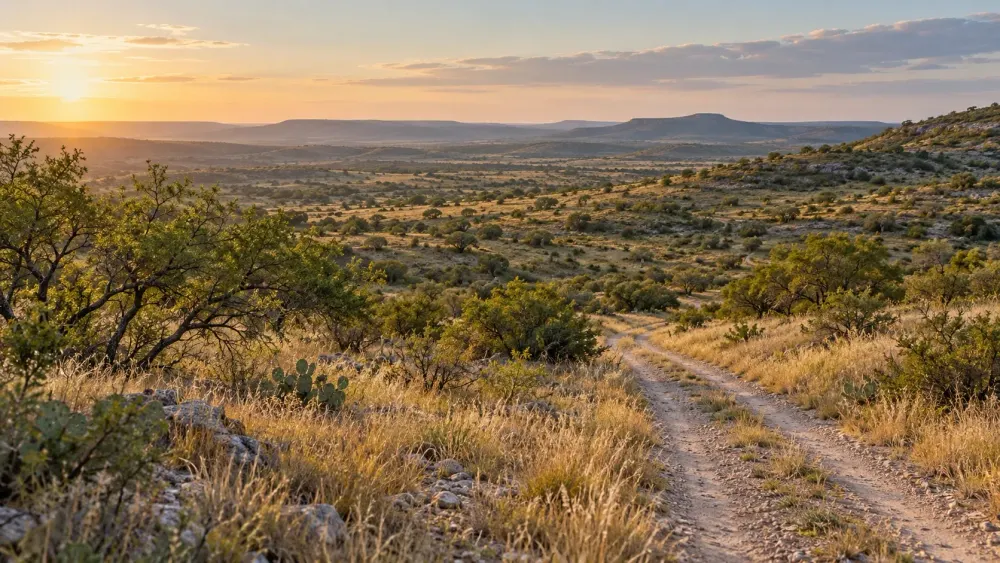 AI-generated illustration of Texas-like grassland, thornscrub and an unpaved road; not a named wildlife management area or actual survey route.