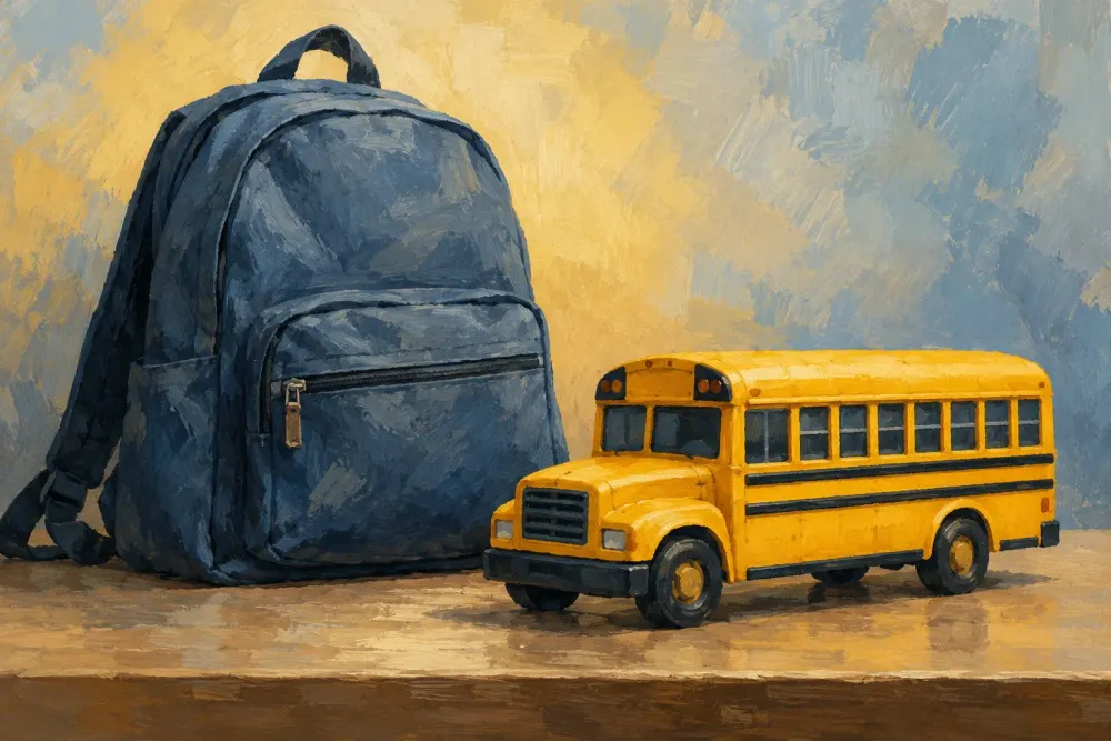 AI-generated conceptual illustration of an unbranded model school bus beside a backpack; not a real vehicle, school or incident.