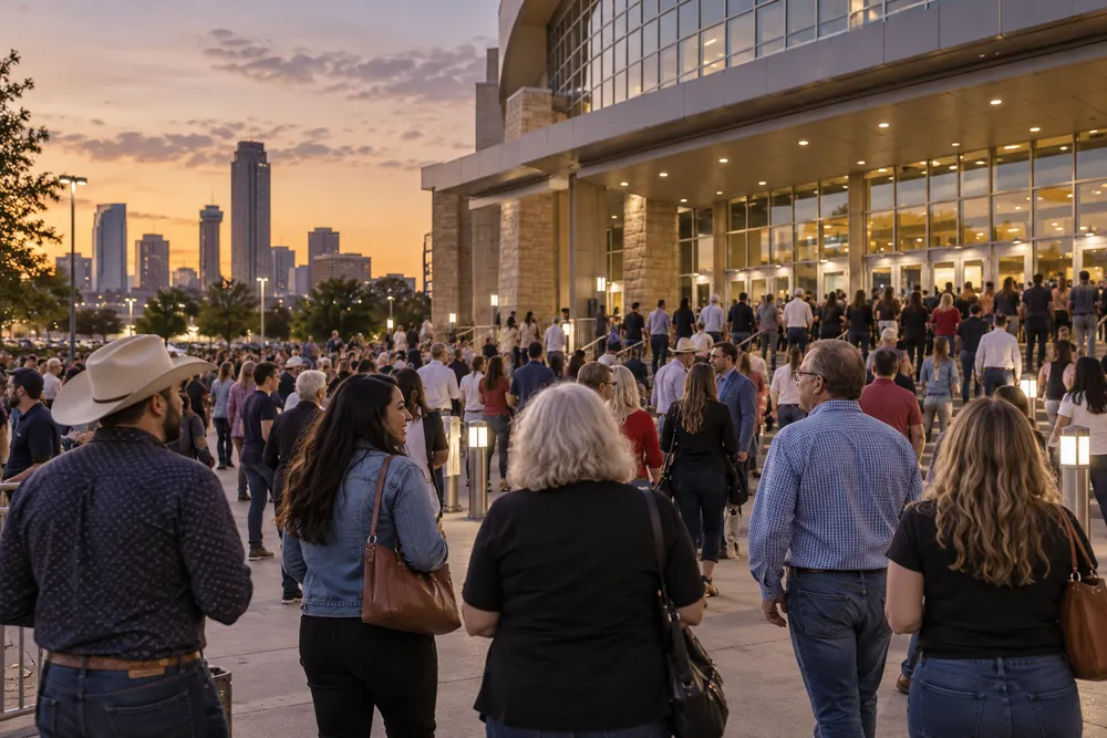Os eleitores chegam ao entardecer para um evento genérico de campanha eleitoral no Texas, em frente a uma arena cívica.