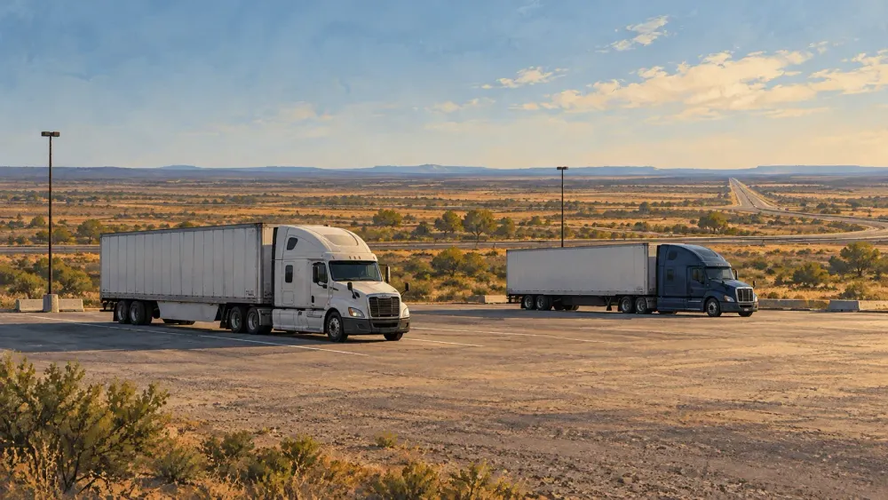 AI-generated illustration of trucks in a freight parking area; not the proposed Los Indios or Fort Worth facility.