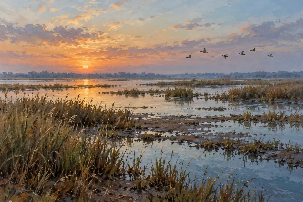 AI-generated conceptual illustration of a wetland and distant ducks; not an actual Texas site or evidence of current conditions.
