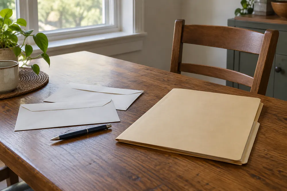 AI-generated illustrative still life of a plain folder and envelopes on a home table; not actual immigration documents or a beneficiary’s home.