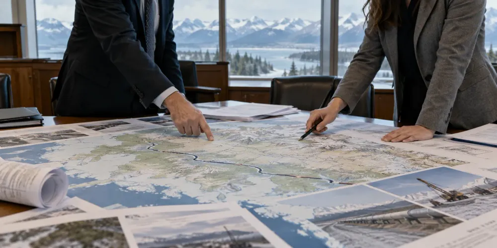 Policy staff review an Alaska natural gas pipeline map in a government meeting room