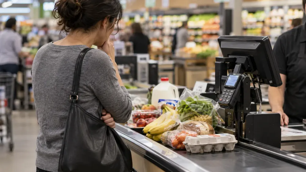 Isang mamimili ang nagrerepaso ng mga grocery sa isang supermarket checkout, na nagpapakita ng pag-aalala tungkol sa pagtaas ng mga gastusin sa bahay
