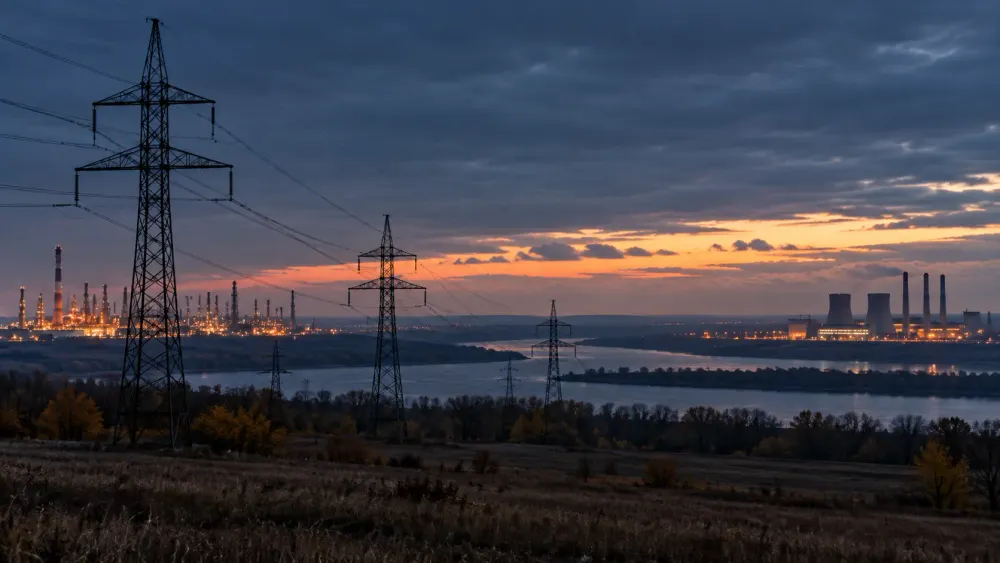 Torres de transmissão de alta tensão estendem-se por uma paisagem fria ao entardecer, entre uma refinaria distante e uma central eléctrica, ilustrando a incerteza em relação a um cessar-fogo energético.