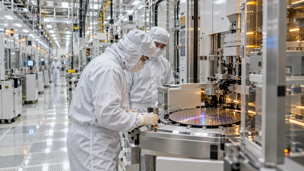 Semiconductor engineers inspect wafer-processing equipment inside a modern cleanroom.