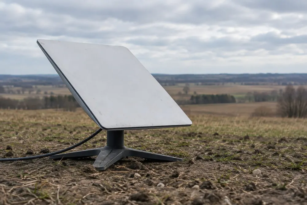 AI-generated illustration of an unbranded satellite internet terminal in a rural landscape; not a photograph of the reported disruption.
