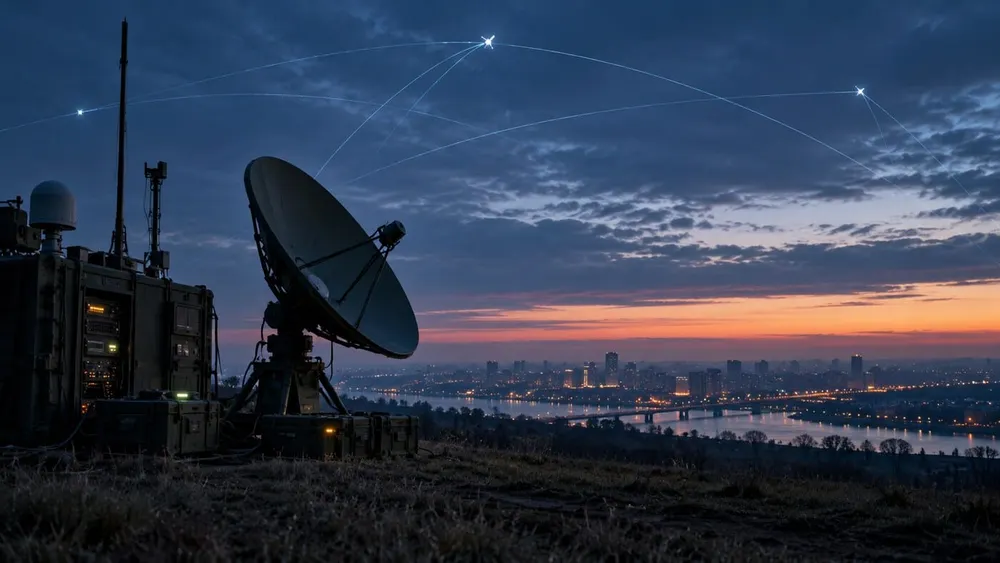A symbolic military communications terminal and satellite dish overlooking a distant city at blue hour, with illuminated data links across the sky.