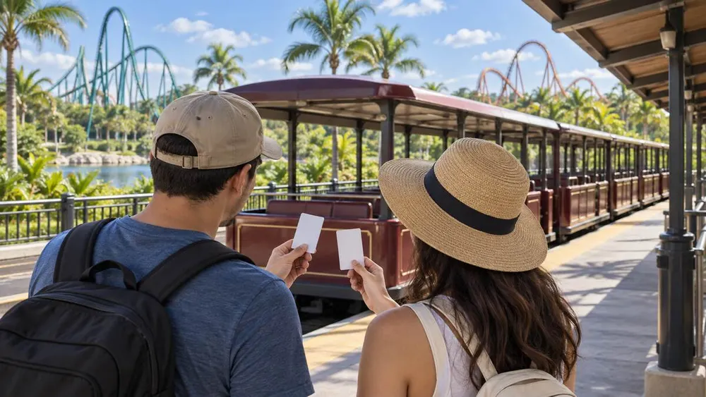 Illustrative generated image of two visitors comparing admission cards beside a generic amusement-resort rail shuttle.