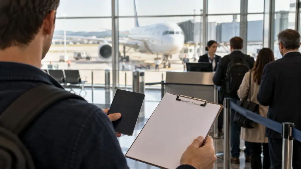 AI-generated illustration of a traveler holding a blank form and closed passport at an international airport departure gate