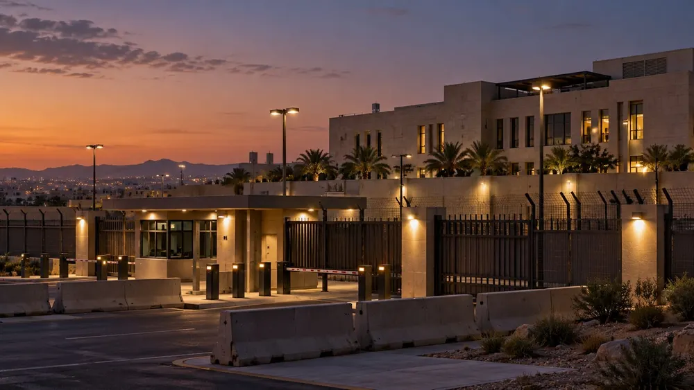 An anonymous secured diplomatic compound at dusk with perimeter fencing, vehicle barriers and lit office buildings