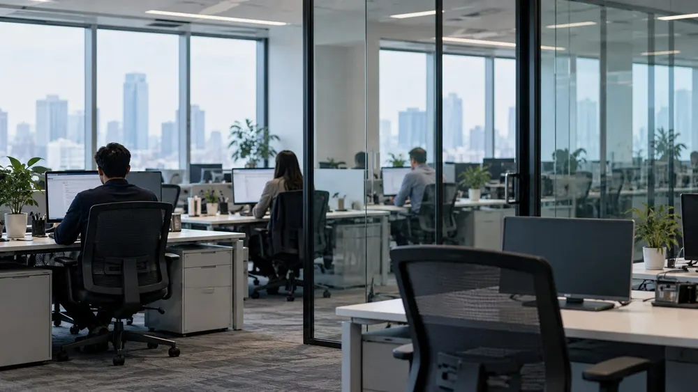 A modern office with several occupied workstations and empty desks in the foreground.