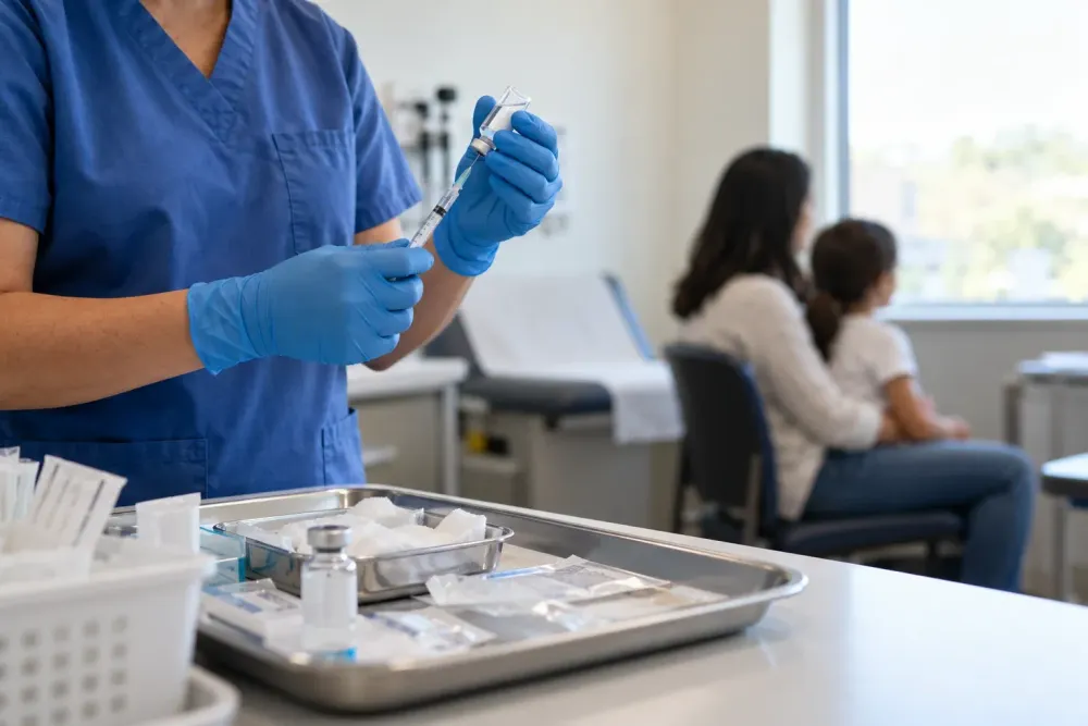 A clinician prepares a vaccine in a community clinic while a parent and child wait in the background