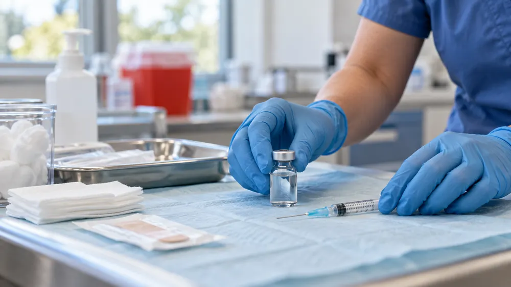 Public health nurse preparing an unlabeled vaccine vial and syringe at a clinic station