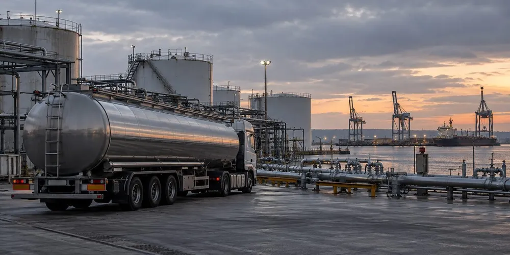 Navio-tanque de gasóleo ilustrativo num terminal de combustíveis costeiro com tanques de armazenamento e gruas portuárias ao entardecer
