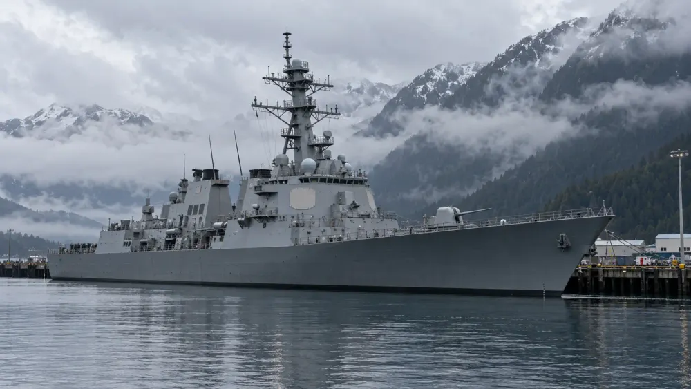 Modern guided-missile destroyer moored in a misty Alaska harbor, representative image