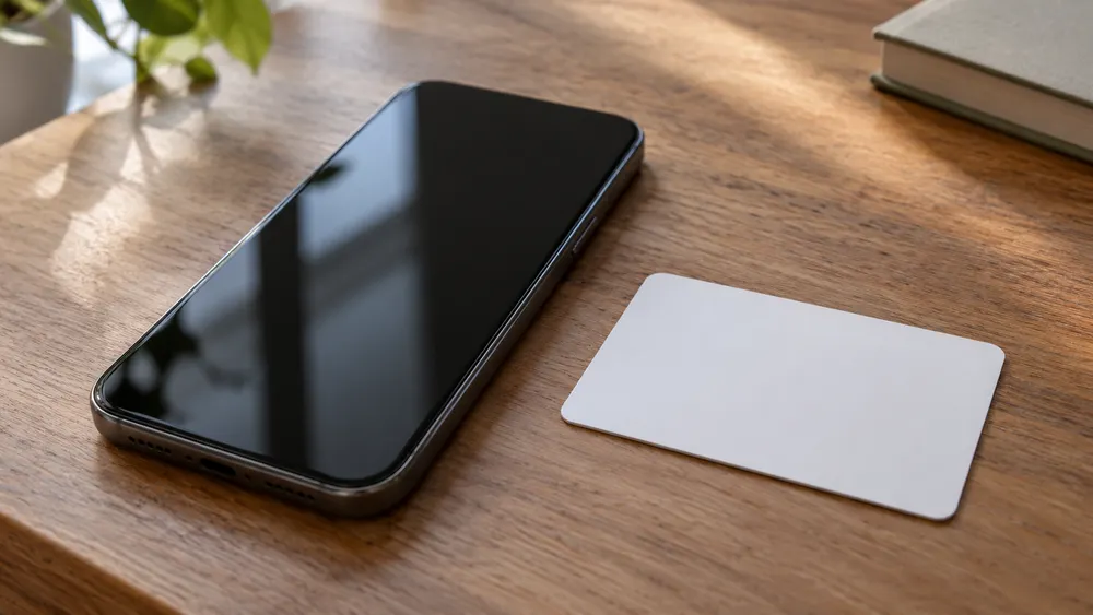 AI-generated conceptual illustration of a smartphone with its screen dark beside a plain unmarked card; not an actual Utah digital ID, state app interface or identity document.