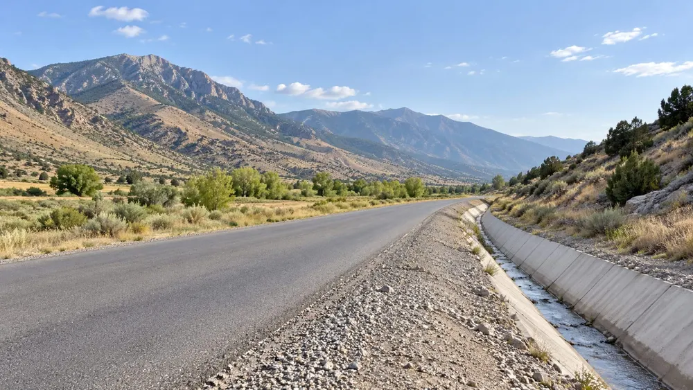 AI-generated editorial illustration of a generic rural mountain road beside a drainage channel in Utah-like terrain; not a specific damaged road or a documented recovery scene.