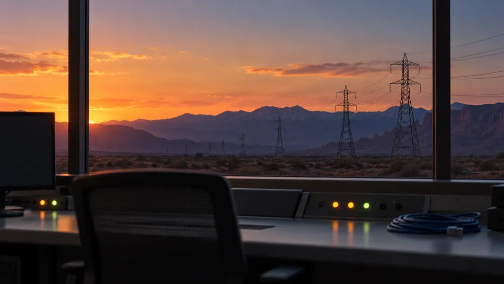 Editorial illustration of an unlabeled utility control desk and network cable with Utah desert power lines visible at dusk.
