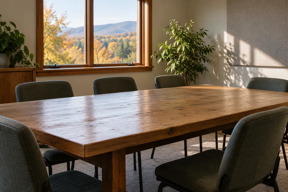 AI-generated editorial illustration of an empty workplace meeting room; not an actual Vermont negotiation or voting event.
