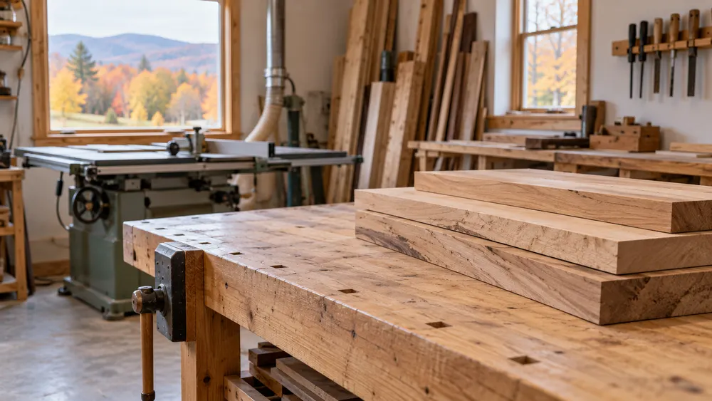 AI-generated editorial illustration of a generic small woodworking workshop with unmarked lumber and equipment; not an actual Vermont grant recipient or documented project.