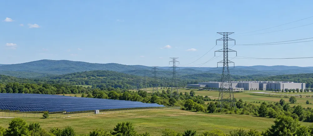 Illustrative Virginia energy landscape with transmission lines, a solar field and a distant data-center building