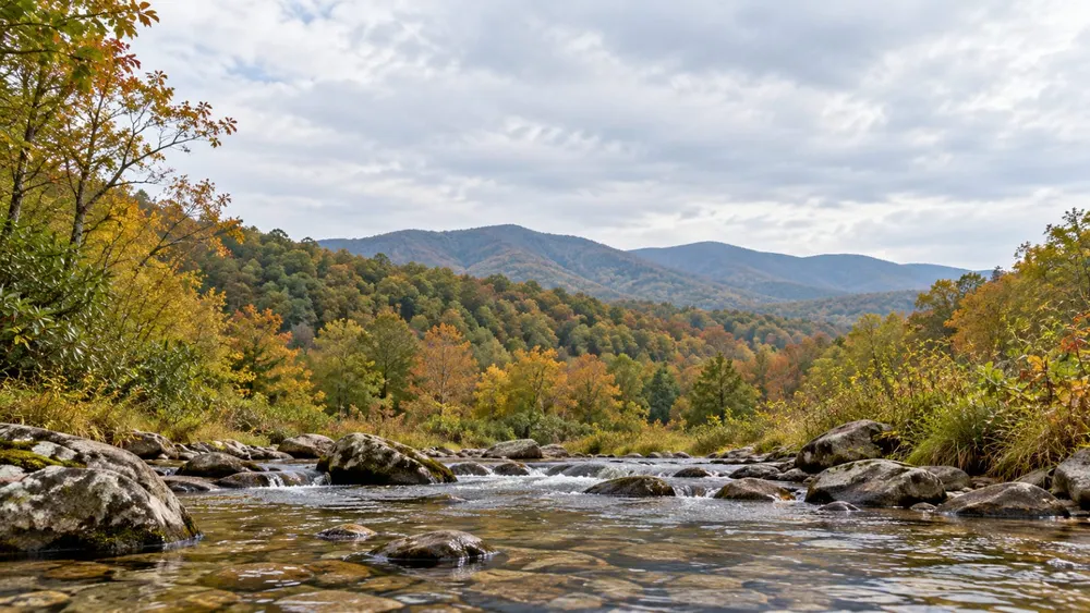 AI-generated editorial illustration of a generic forested Blue Ridge mountain landscape and clear stream; not an actual view of Buffalo Mountain or a documented acquisition site.