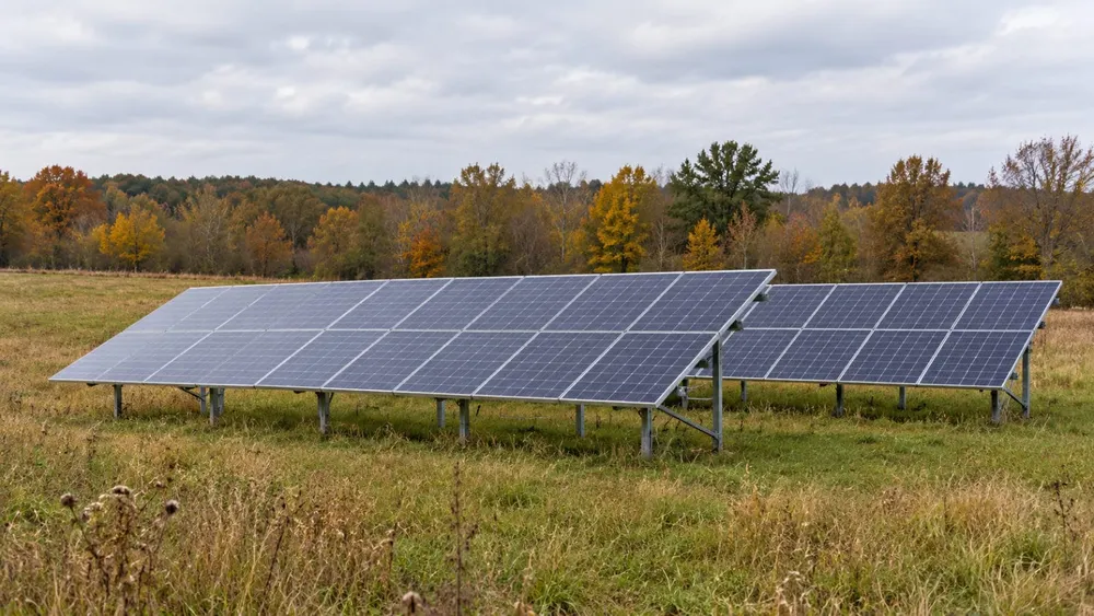 AI-generated editorial illustration of a small solar array in a grassy field; not a specific Virginia installation or current event.