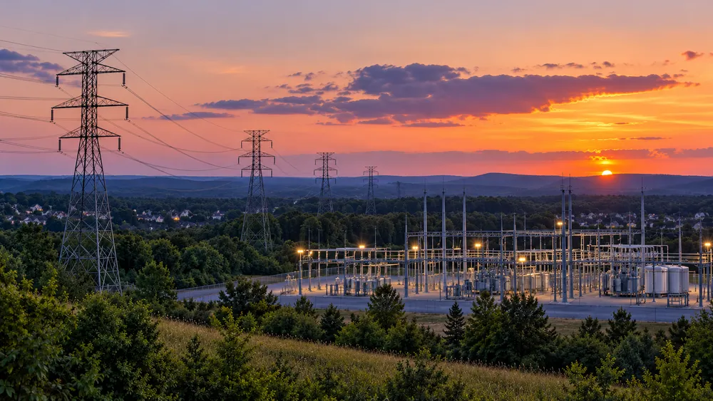 Illustrative Virginia electrical transmission lines and substation in a neutral landscape at dusk.