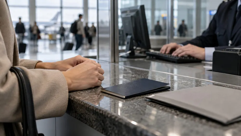 Anonymous traveler at an airport inspection counter with unbranded travel documents