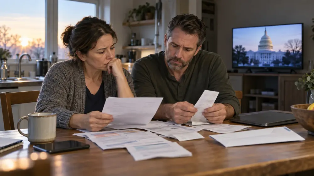 AI-generated illustration of two voters reviewing household bills at a kitchen table with the U.S. Capitol on television