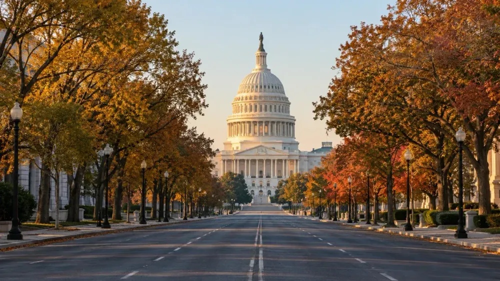 AI-generated illustrative view of the US Capitol beyond an autumn tree-lined avenue; not the shooting location.