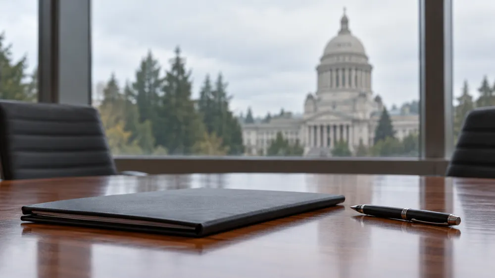 Illustrative contract folder and pen in an office with the Washington State Capitol softly blurred in the background.