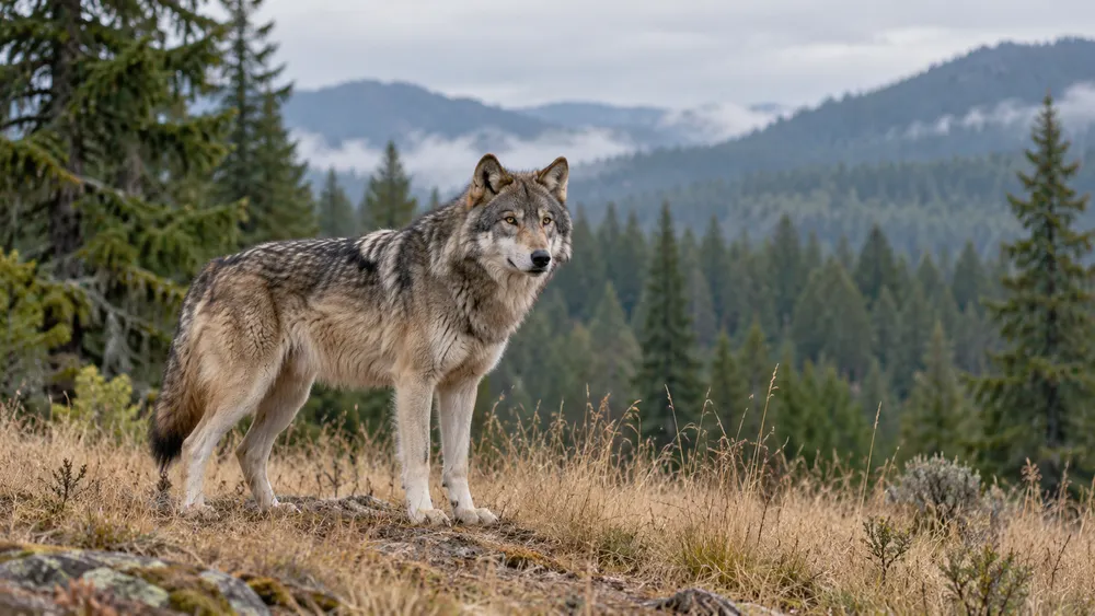 AI-generated editorial illustration of a gray wolf beside a forest clearing; not a documented Washington wolf, pack or livestock incident.