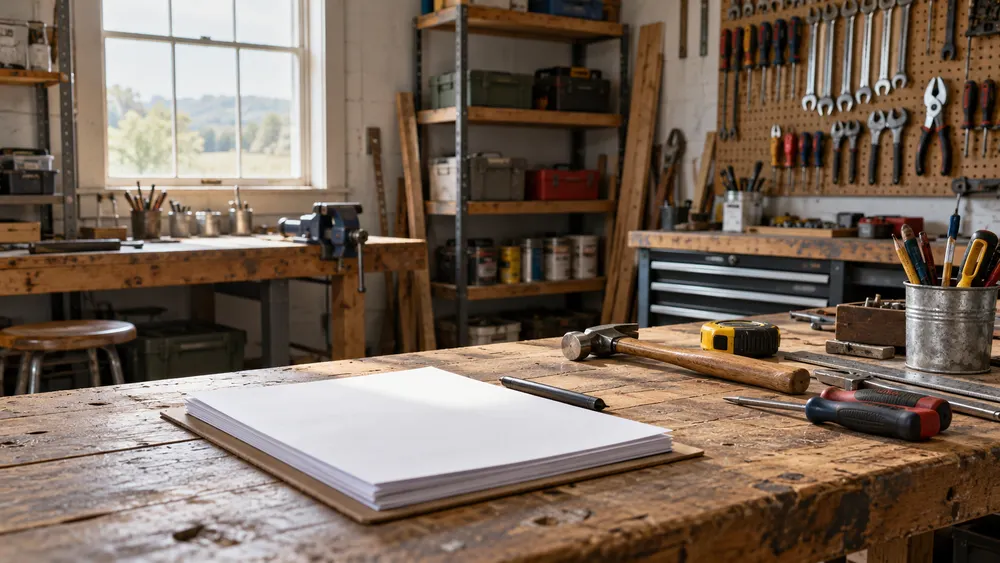 AI-generated illustrative view of an unoccupied small-business workspace with tools and blank paperwork; not a photograph of an actual West Virginia flood-damaged business.