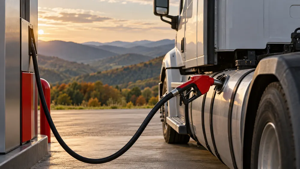 Illustrative unbranded truck at a fuel pump with Appalachian hills in the background.