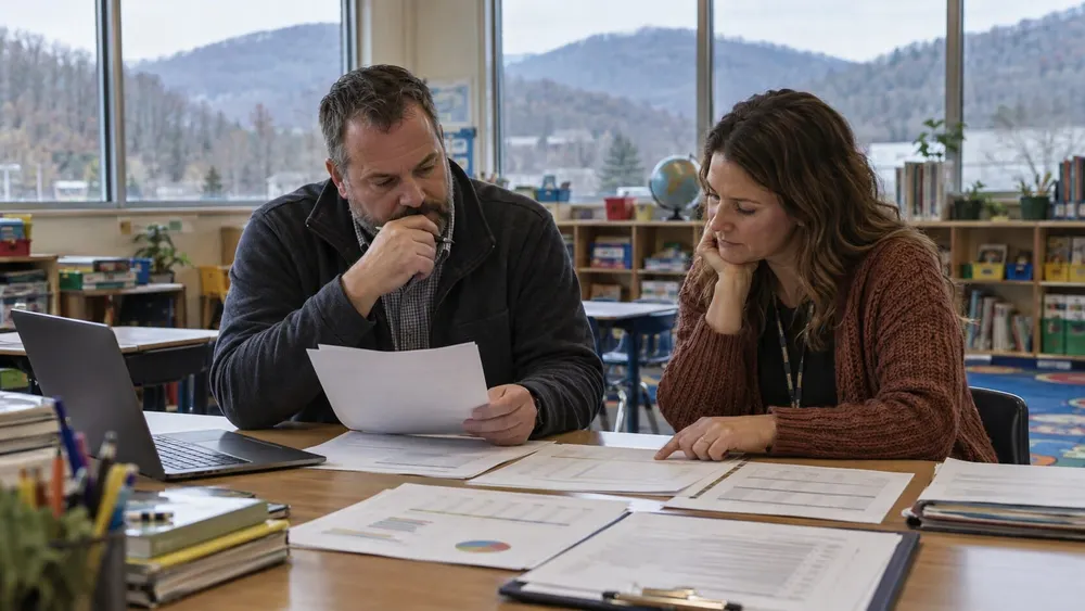 A school administrator and teacher review budget documents in a classroom overlooking Appalachian hills.