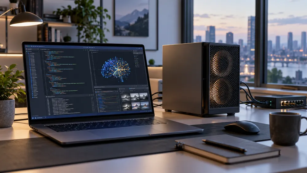 Isang premium na laptop at compact na AI workstation sa isang propesyonal na mesa, na kumakatawan sa lokal na artificial-intelligence computing.