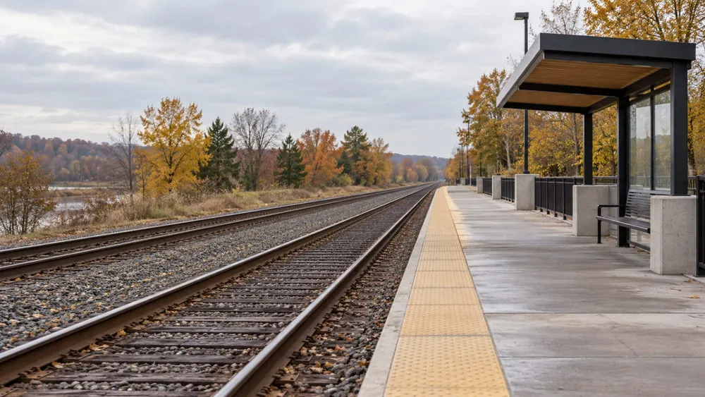 AI-generated illustrative view of railway tracks beside a simple empty platform in a Midwestern setting; not a photograph of a planned Hiawatha West station.
