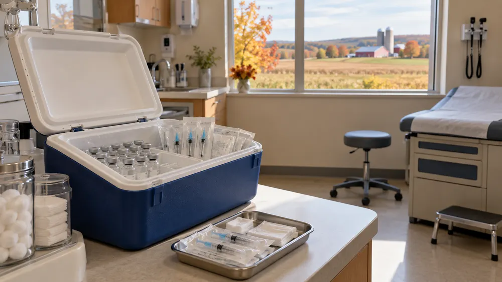An open medical cooler with generic vaccine vials and sterile syringes in a quiet rural Wisconsin clinic.