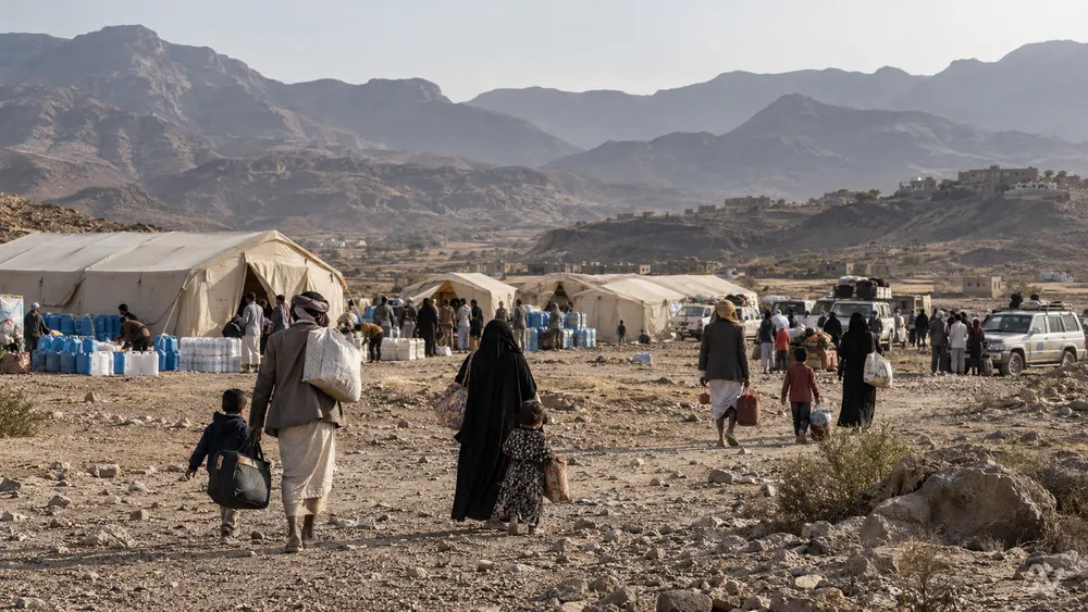 As famílias deslocadas aproximam-se de um acampamento de ajuda humanitária temporário numa paisagem montanhosa e árida.